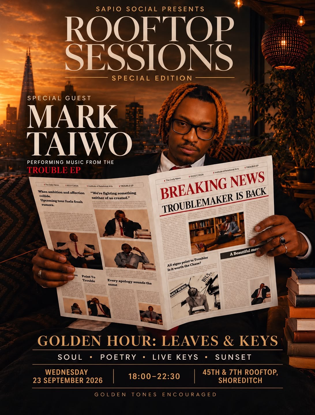 Flyer for Rooftop Sessions Special Edition, Golden Hour: Leaves and Keys, with special guest Mark Taiwo, Wednesday 23 September 2026 at 45th and 7th Rooftop, Shoreditch